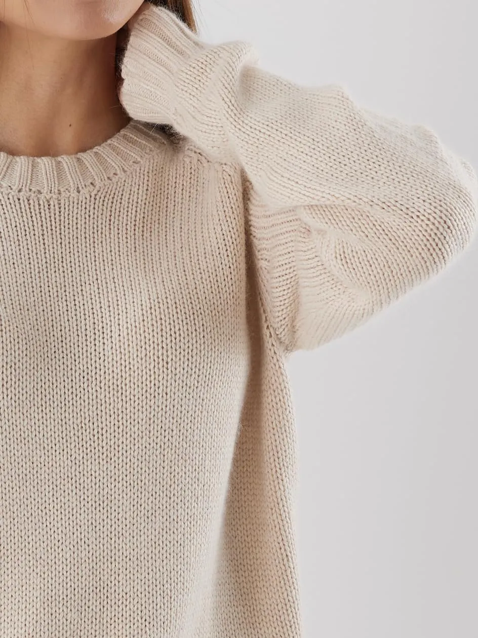 Womens Cashmere Sweater, Long Sleeve, Round Neck, Classic Soft Knit Lightweight Pullover Cream
