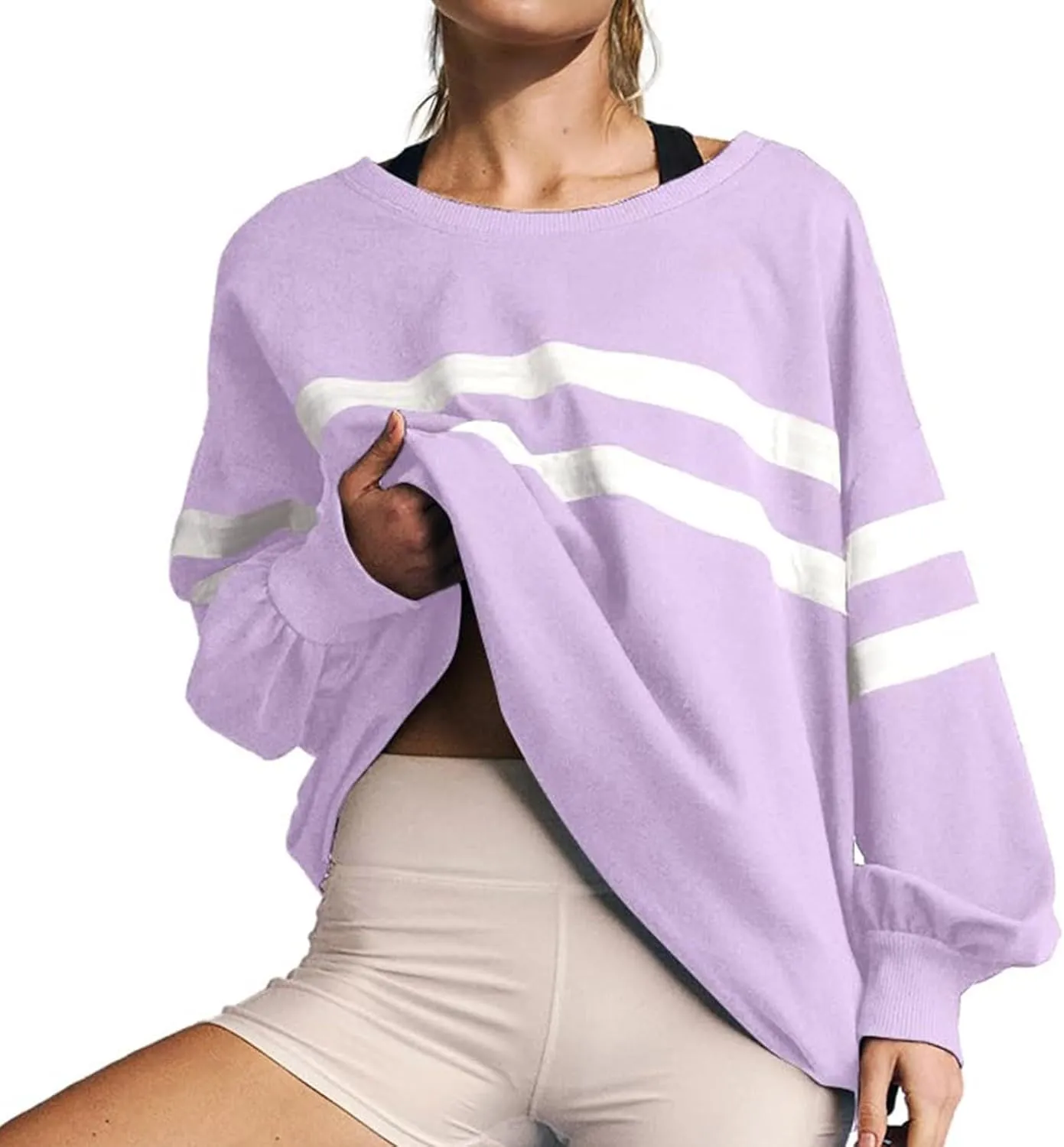 Womens Casual Crewneck Sweatshirt Long Sleeve Tops Stripes Cute Pullover Loose Fit Oversized Outfits