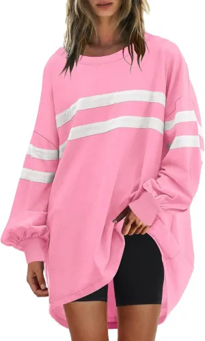 Womens Casual Crewneck Sweatshirt Long Sleeve Tops Stripes Cute Pullover Loose Fit Oversized Outfits