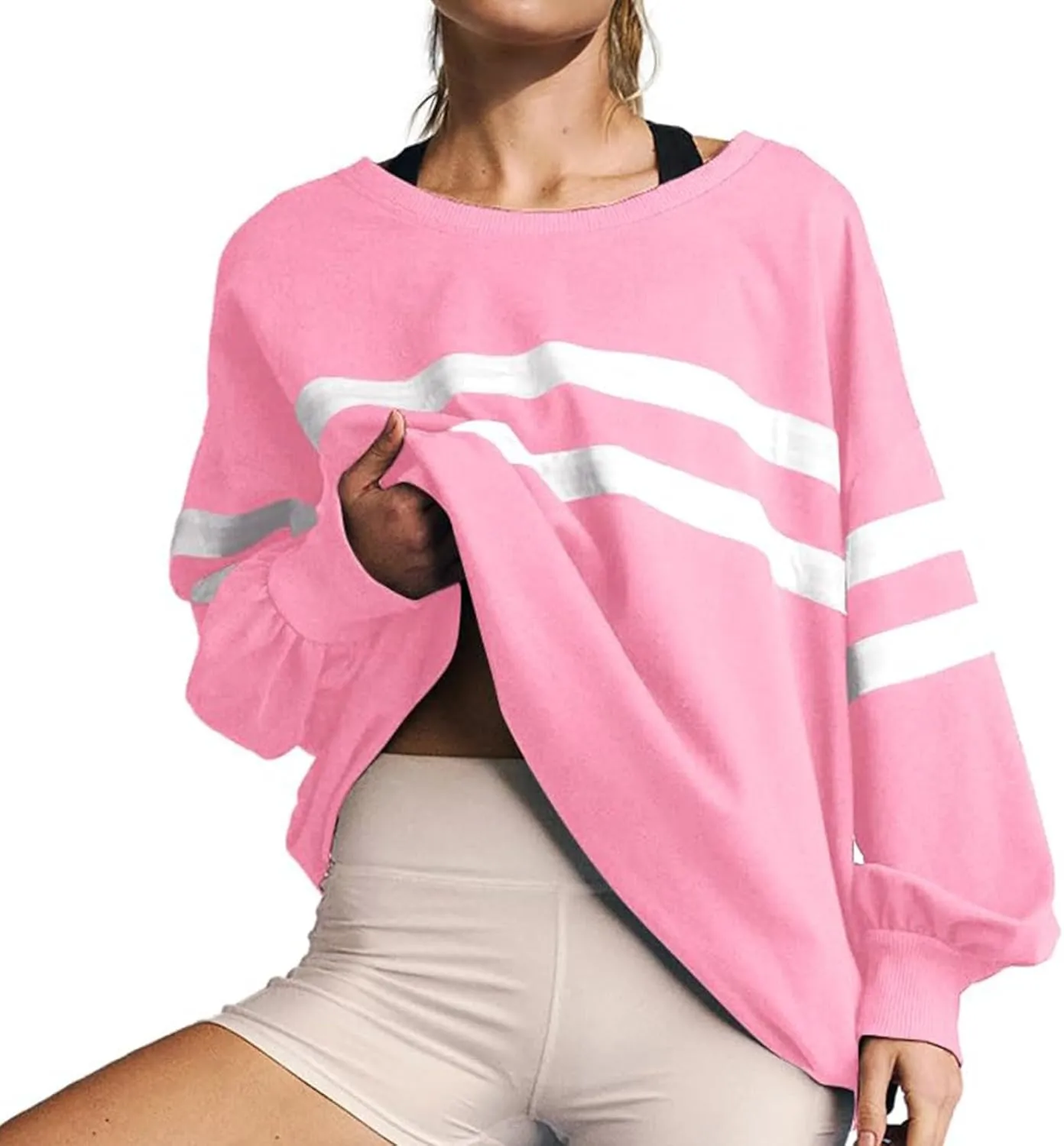 Womens Casual Crewneck Sweatshirt Long Sleeve Tops Stripes Cute Pullover Loose Fit Oversized Outfits