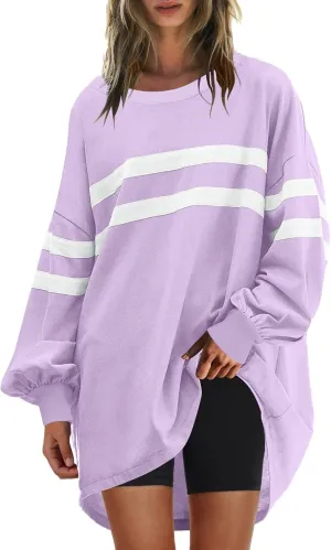 Womens Casual Crewneck Sweatshirt Long Sleeve Tops Stripes Cute Pullover Loose Fit Oversized Outfits