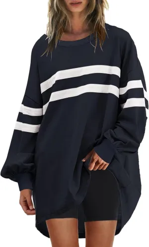 Womens Casual Crewneck Sweatshirt Long Sleeve Tops Stripes Cute Pullover Loose Fit Oversized Outfits