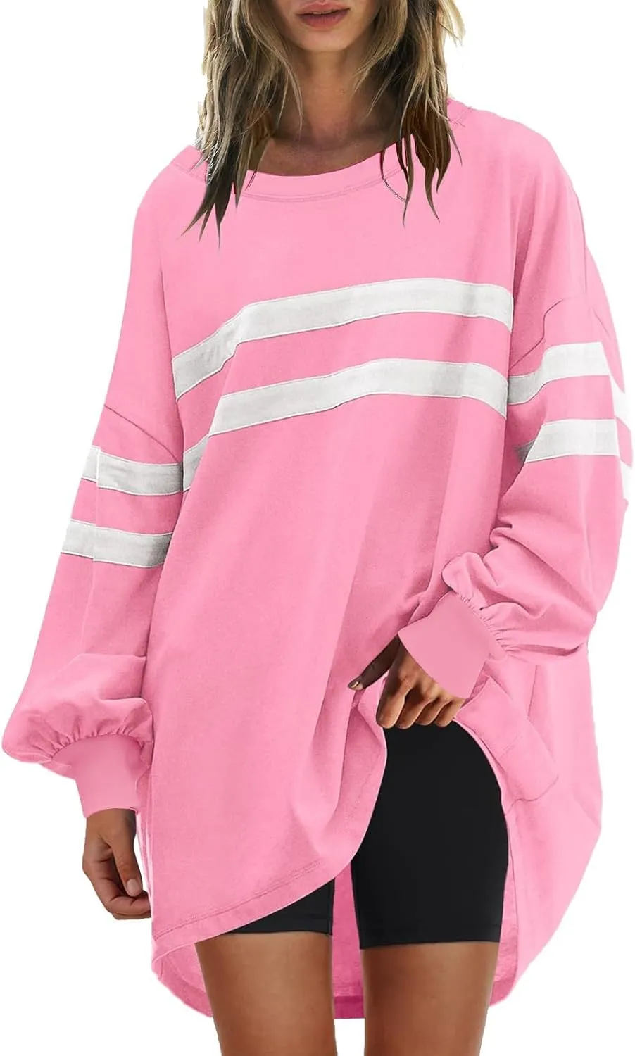 Womens Casual Crewneck Sweatshirt Long Sleeve Tops Stripes Cute Pullover Loose Fit Oversized Outfits