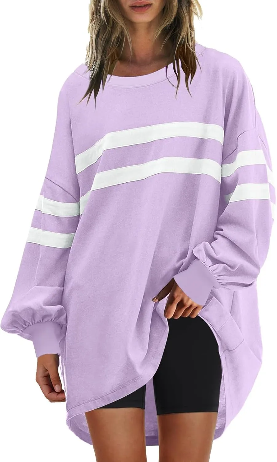 Womens Casual Crewneck Sweatshirt Long Sleeve Tops Stripes Cute Pullover Loose Fit Oversized Outfits
