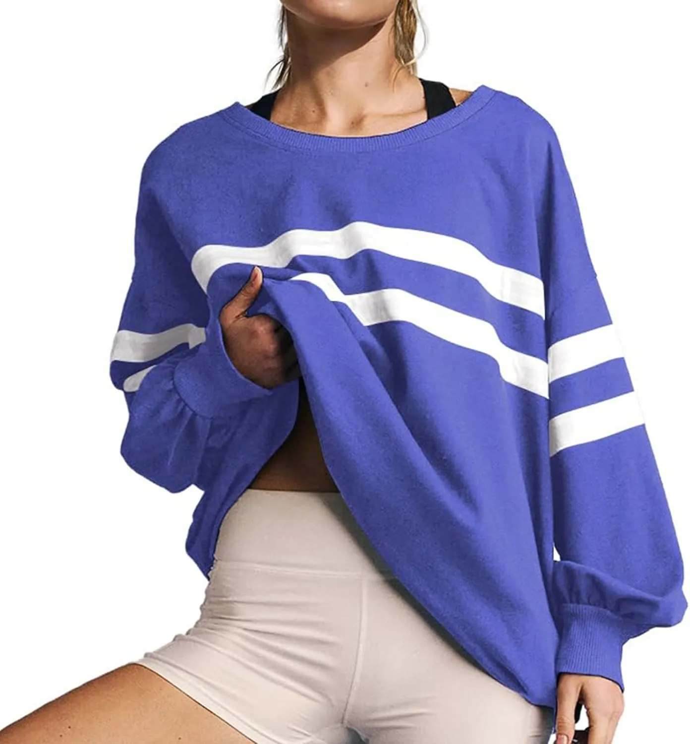 Womens Casual Crewneck Sweatshirt Long Sleeve Tops Stripes Cute Pullover Loose Fit Oversized Outfits