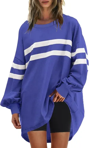 Womens Casual Crewneck Sweatshirt Long Sleeve Tops Stripes Cute Pullover Loose Fit Oversized Outfits