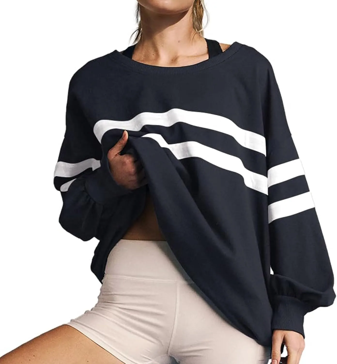 Womens Casual Crewneck Sweatshirt Long Sleeve Tops Stripes Cute Pullover Loose Fit Oversized Outfits