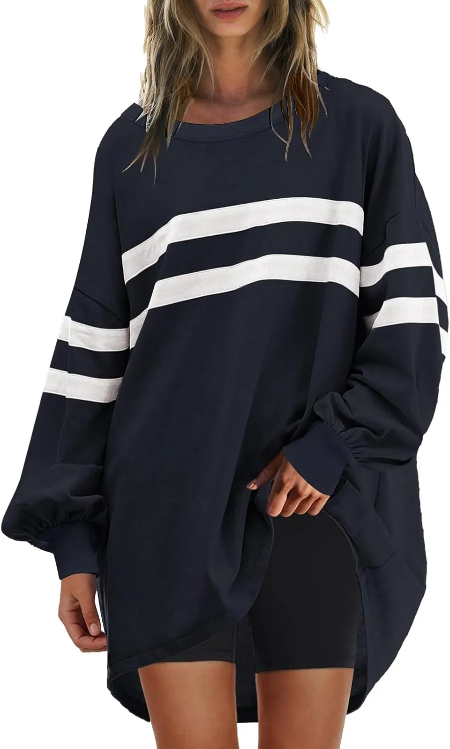 Womens Casual Crewneck Sweatshirt Long Sleeve Tops Stripes Cute Pullover Loose Fit Oversized Outfits