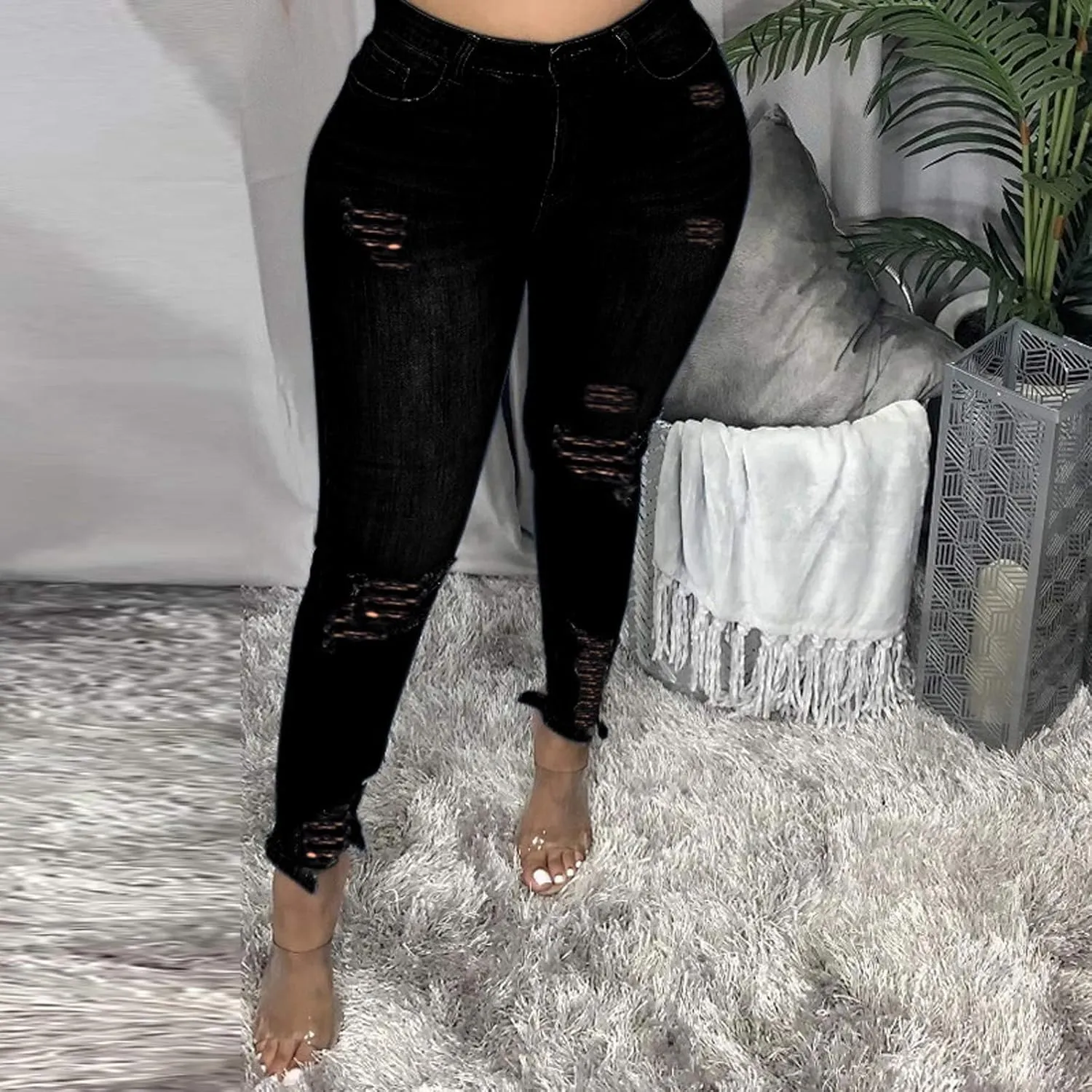 Women's Casual Skinny Jeans Ripped High Waisted Classic Stretch Pull On Butt Lifting Jegging Button Fly Jeans Denim
