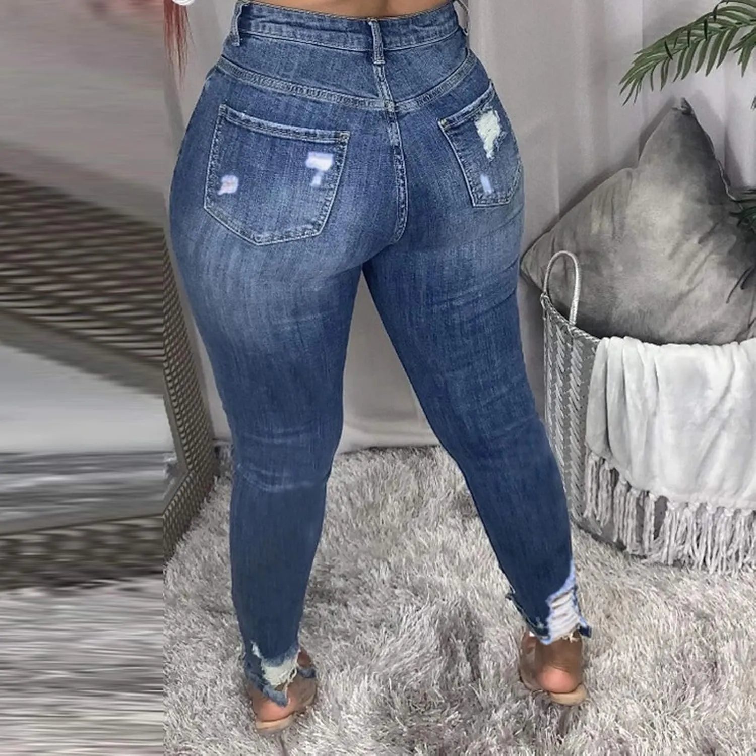 Women's Casual Skinny Jeans Ripped High Waisted Classic Stretch Pull On Butt Lifting Jegging Button Fly Jeans Denim