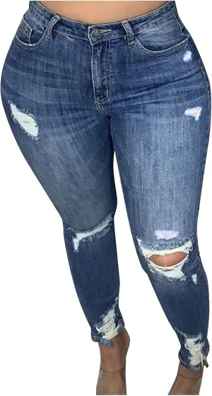 Women's Casual Skinny Jeans Ripped High Waisted Classic Stretch Pull On Butt Lifting Jegging Button Fly Jeans Denim