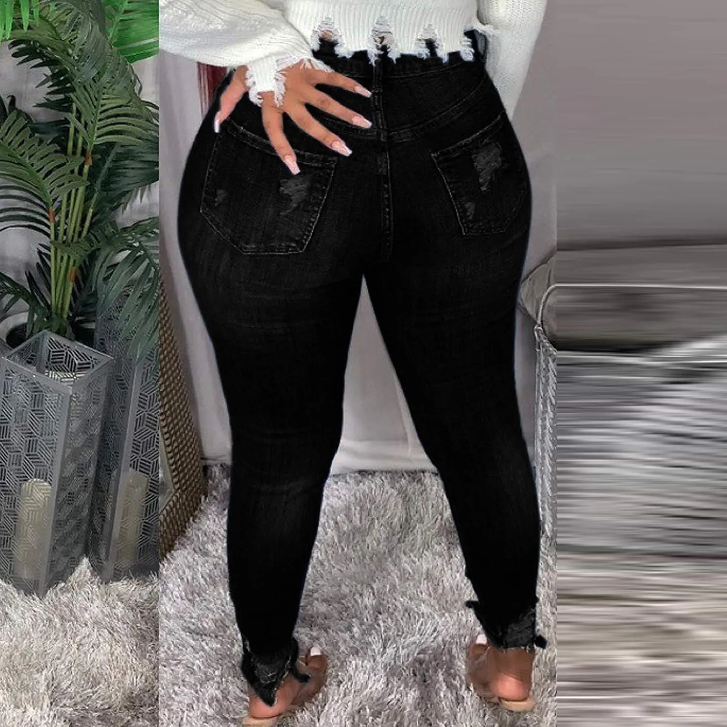 Women's Casual Skinny Jeans Ripped High Waisted Classic Stretch Pull On Butt Lifting Jegging Button Fly Jeans Denim