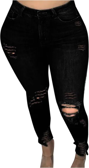 Women's Casual Skinny Jeans Ripped High Waisted Classic Stretch Pull On Butt Lifting Jegging Button Fly Jeans Denim