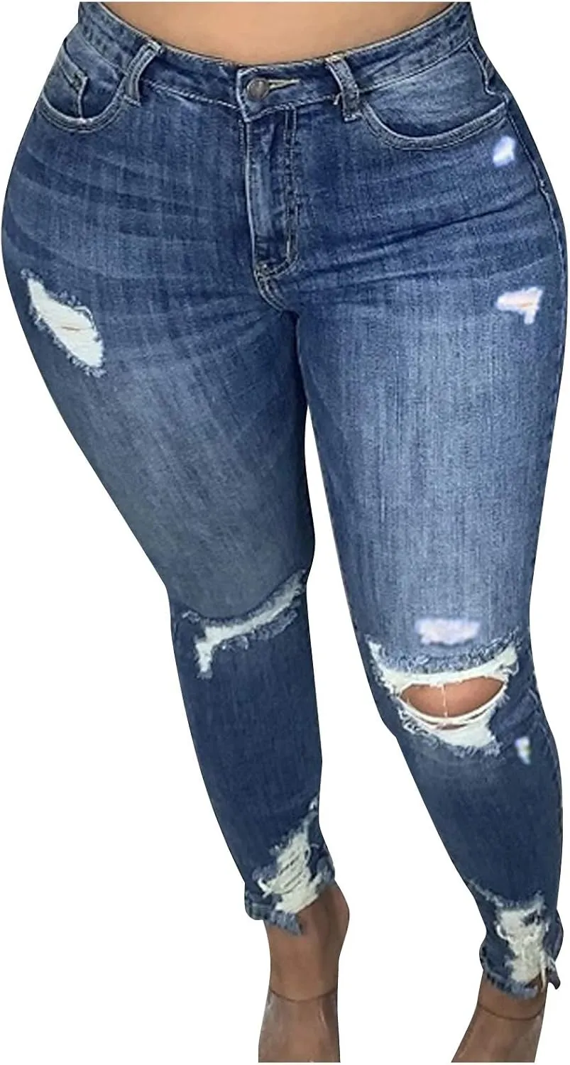 Women's Casual Skinny Jeans Ripped High Waisted Classic Stretch Pull On Butt Lifting Jegging Button Fly Jeans Denim