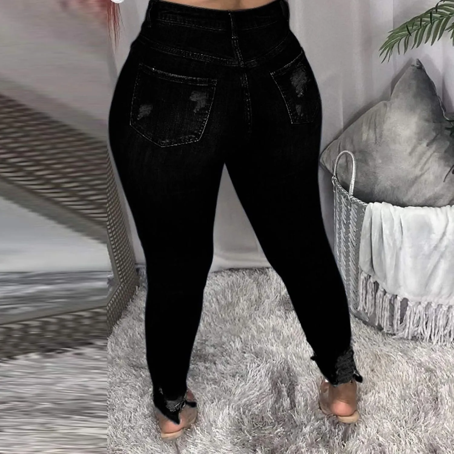 Women's Casual Skinny Jeans Ripped High Waisted Classic Stretch Pull On Butt Lifting Jegging Button Fly Jeans Denim