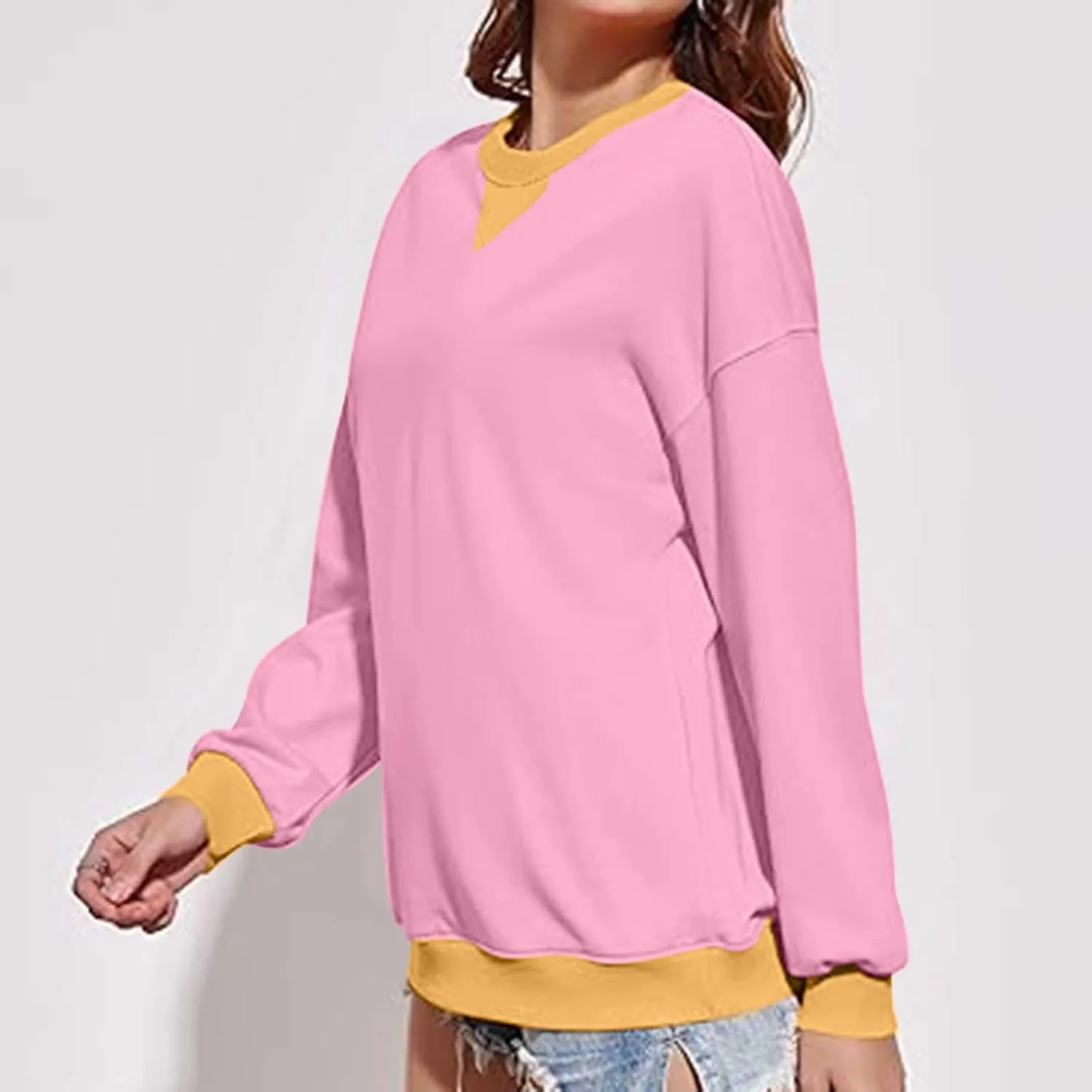 Womens Colorblock Shirt Casual Crew Neck Sweatshirt Fall Long Sleeve Sweatshirt Loose Fitting Tunic Tops Blouse