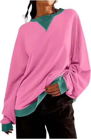Womens Colorblock Shirt Casual Crew Neck Sweatshirt Fall Long Sleeve Sweatshirt Loose Fitting Tunic Tops Blouse