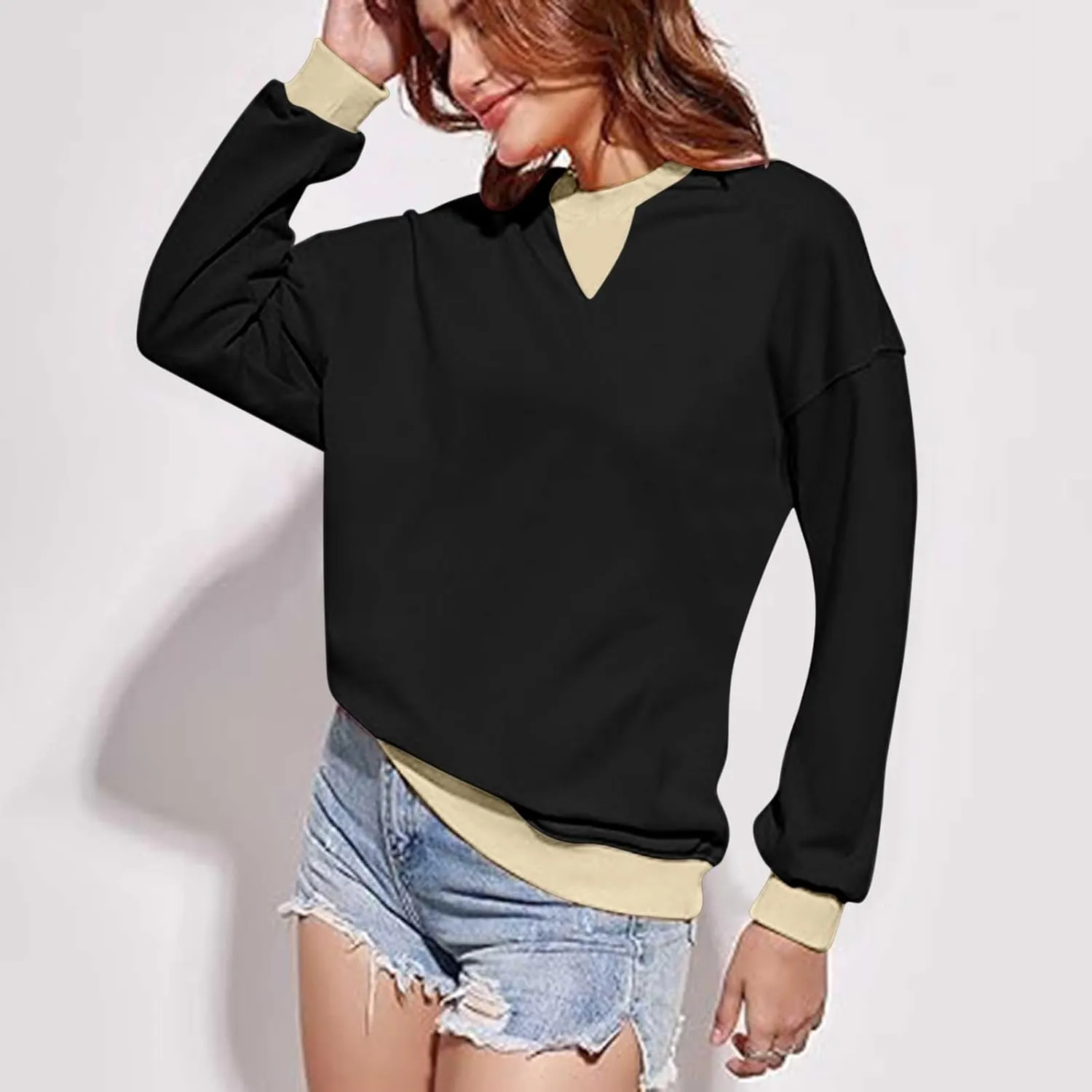 Womens Colorblock Shirt Casual Crew Neck Sweatshirt Fall Long Sleeve Sweatshirt Loose Fitting Tunic Tops Blouse