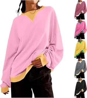 Womens Colorblock Shirt Casual Crew Neck Sweatshirt Fall Long Sleeve Sweatshirt Loose Fitting Tunic Tops Blouse