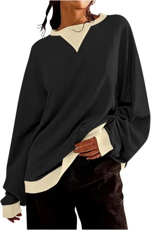 Womens Colorblock Shirt Casual Crew Neck Sweatshirt Fall Long Sleeve Sweatshirt Loose Fitting Tunic Tops Blouse