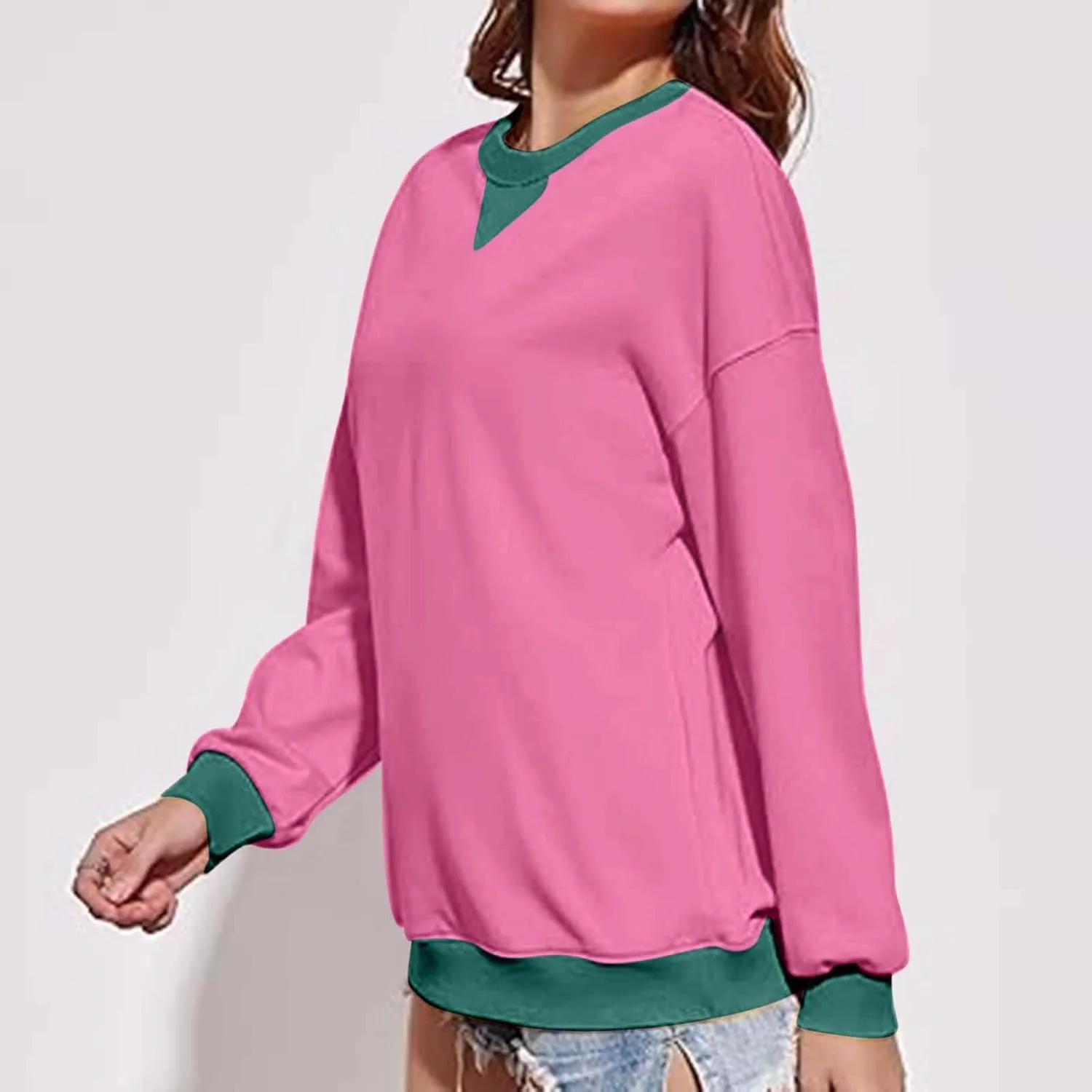 Womens Colorblock Shirt Casual Crew Neck Sweatshirt Fall Long Sleeve Sweatshirt Loose Fitting Tunic Tops Blouse