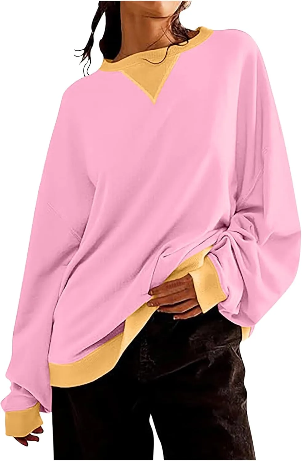 Womens Colorblock Shirt Casual Crew Neck Sweatshirt Fall Long Sleeve Sweatshirt Loose Fitting Tunic Tops Blouse