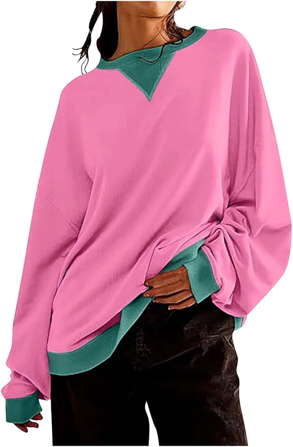 Womens Colorblock Shirt Casual Crew Neck Sweatshirt Fall Long Sleeve Sweatshirt Loose Fitting Tunic Tops Blouse