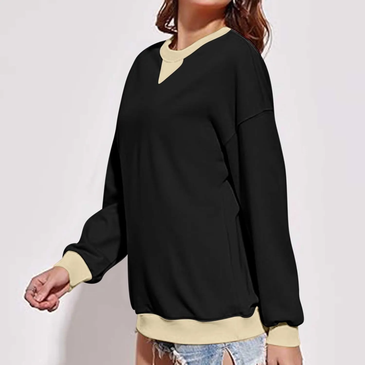 Womens Colorblock Shirt Casual Crew Neck Sweatshirt Fall Long Sleeve Sweatshirt Loose Fitting Tunic Tops Blouse