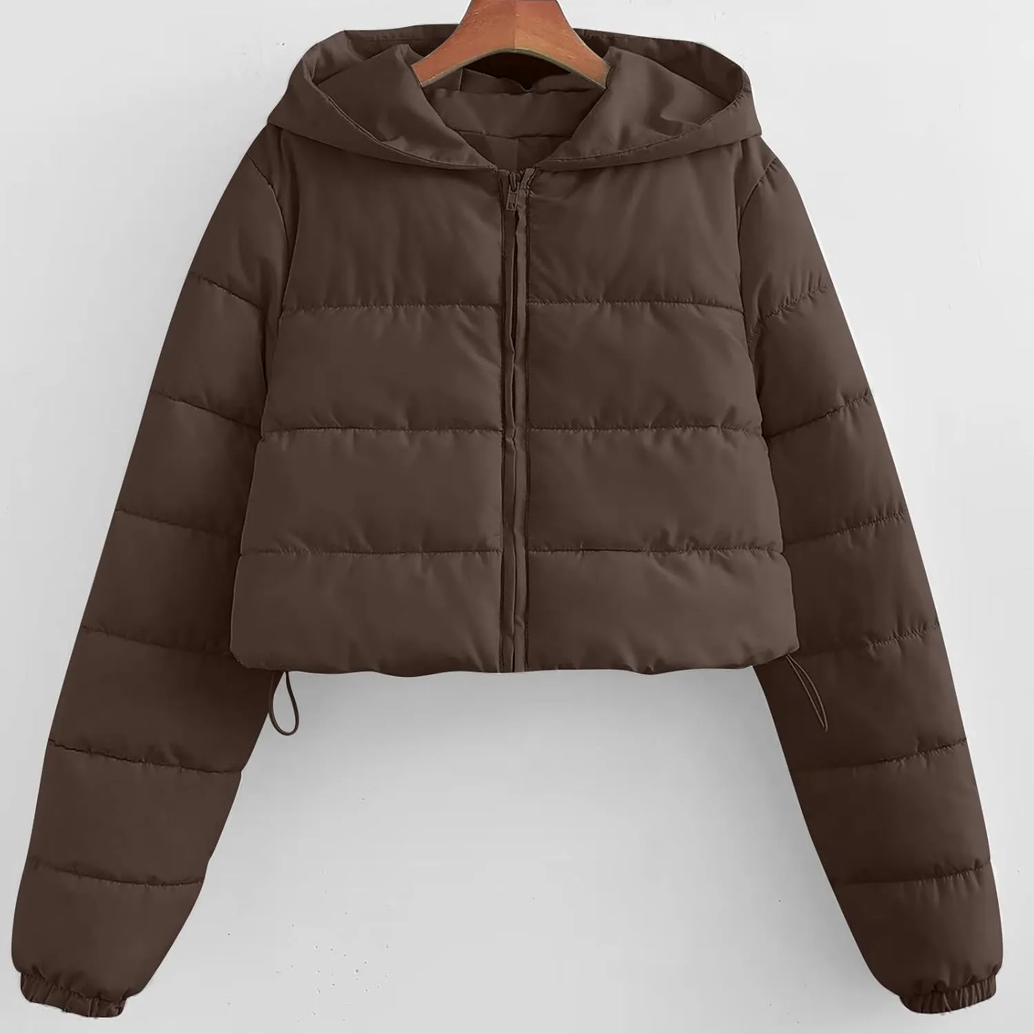 Womens Crop Down Coat Lightweight Hooded Puffer Jackets Drawstring Long Sleeve Outwear with Pockets Winter Jackets