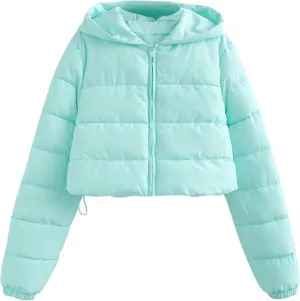 Womens Crop Down Coat Lightweight Hooded Puffer Jackets Drawstring Long Sleeve Outwear with Pockets Winter Jackets