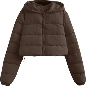 Womens Crop Down Coat Lightweight Hooded Puffer Jackets Drawstring Long Sleeve Outwear with Pockets Winter Jackets