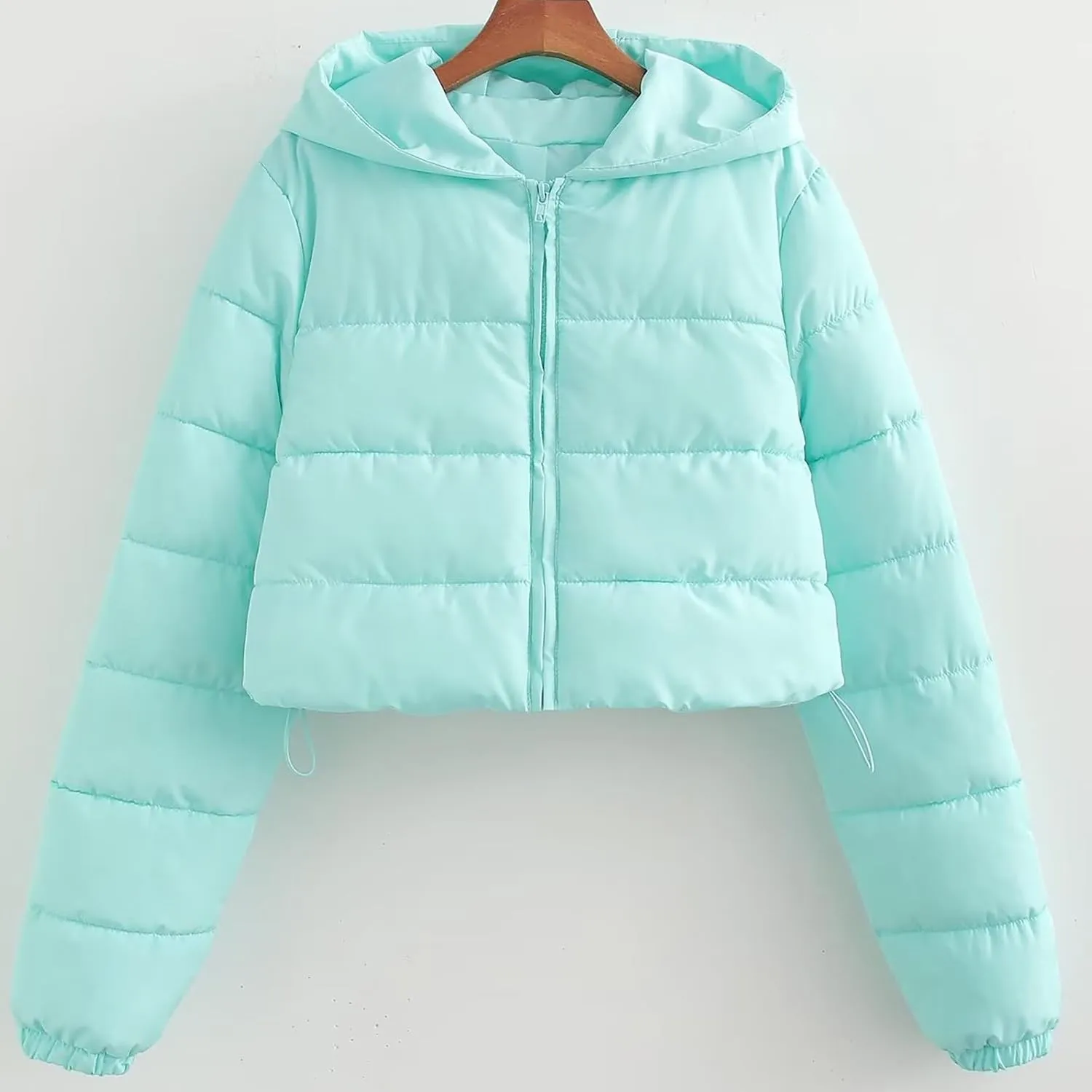 Womens Crop Down Coat Lightweight Hooded Puffer Jackets Drawstring Long Sleeve Outwear with Pockets Winter Jackets