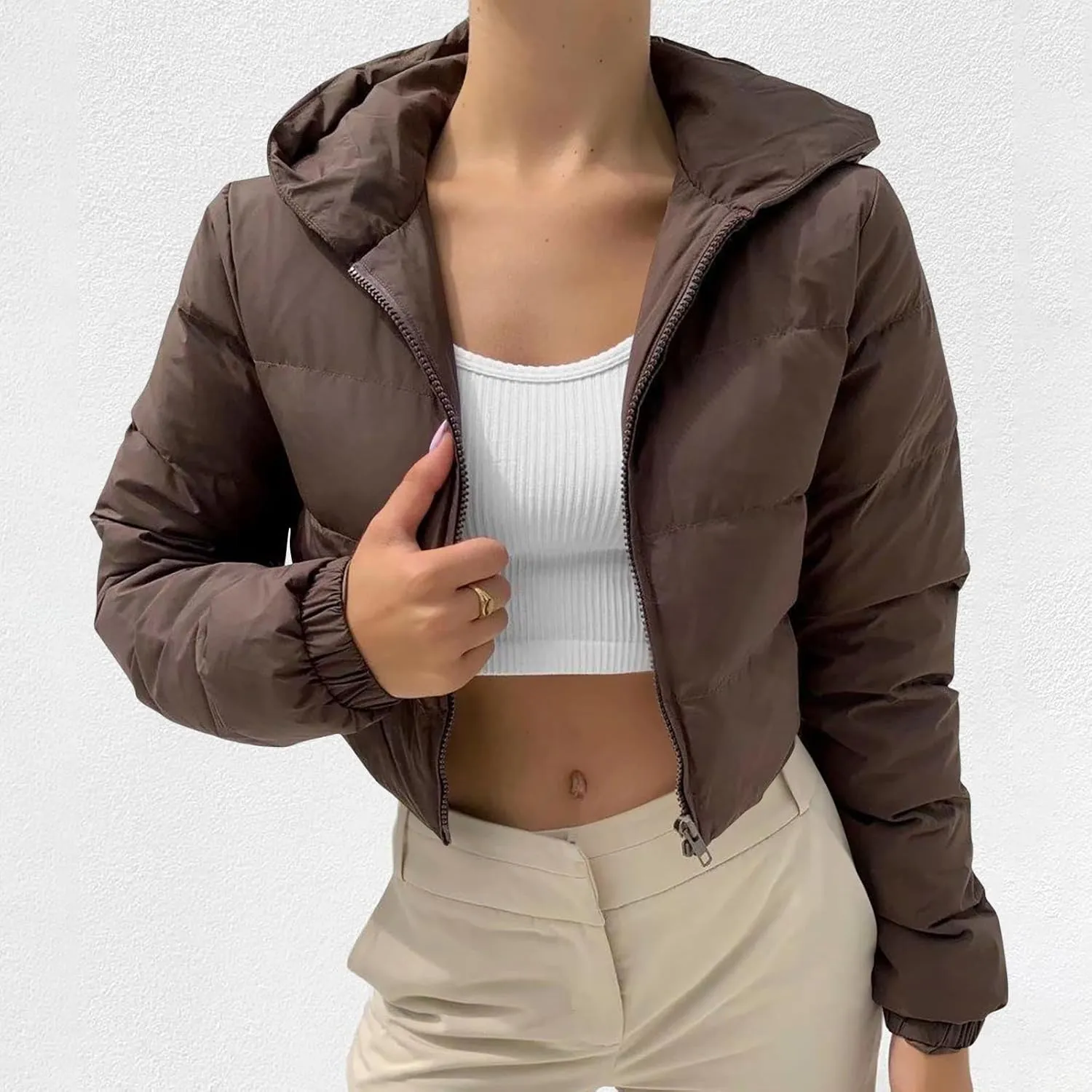 Womens Crop Down Coat Lightweight Hooded Puffer Jackets Drawstring Long Sleeve Outwear with Pockets Winter Jackets