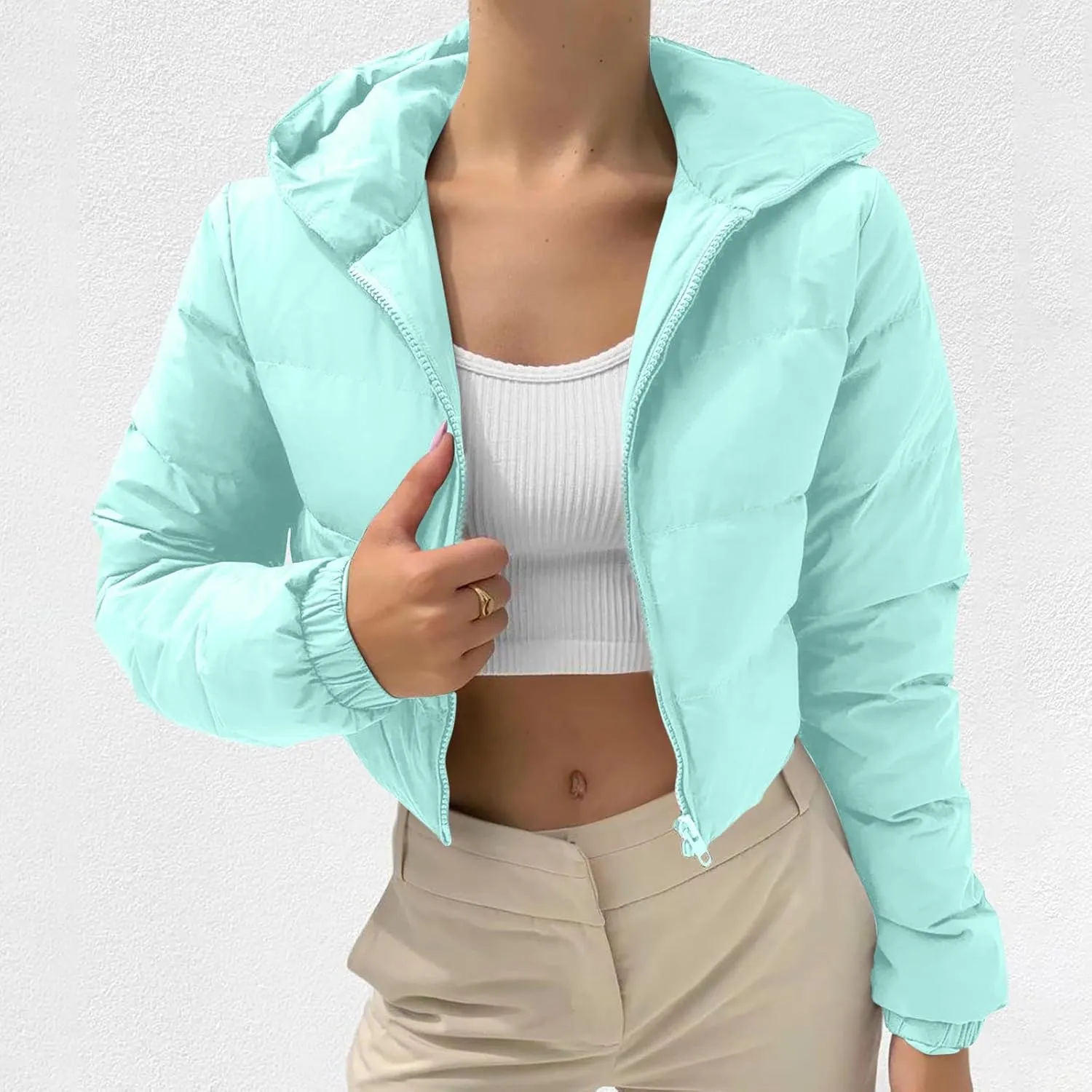 Womens Crop Down Coat Lightweight Hooded Puffer Jackets Drawstring Long Sleeve Outwear with Pockets Winter Jackets