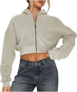 Womens Cropped Hoodies Zip Up Sweatshirts Fashion Teen Girls Y2k Clothes Workout Crop Tops Casual Long Sleeve Jackets