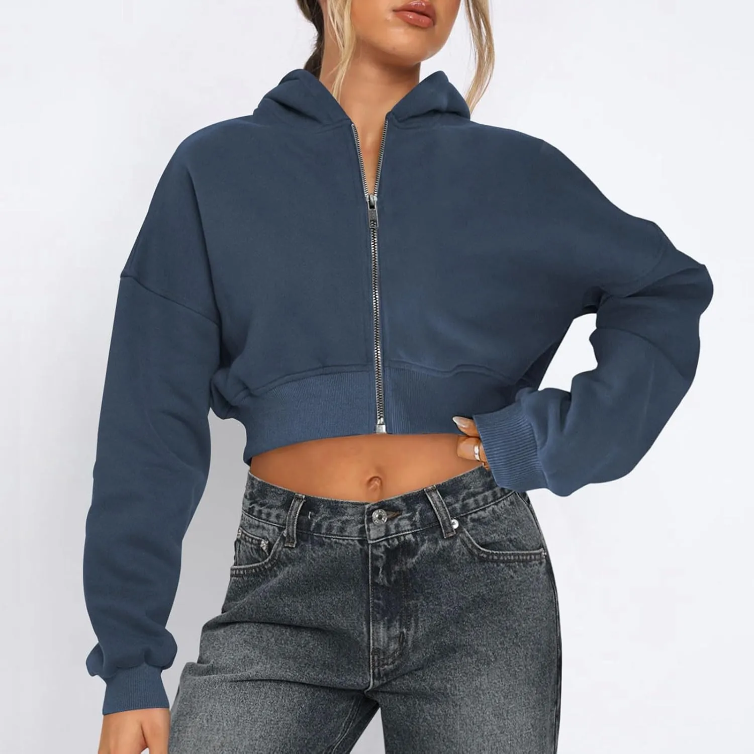 Womens Cropped Hoodies Zip Up Sweatshirts Fashion Teen Girls Y2k Clothes Workout Crop Tops Casual Long Sleeve Jackets