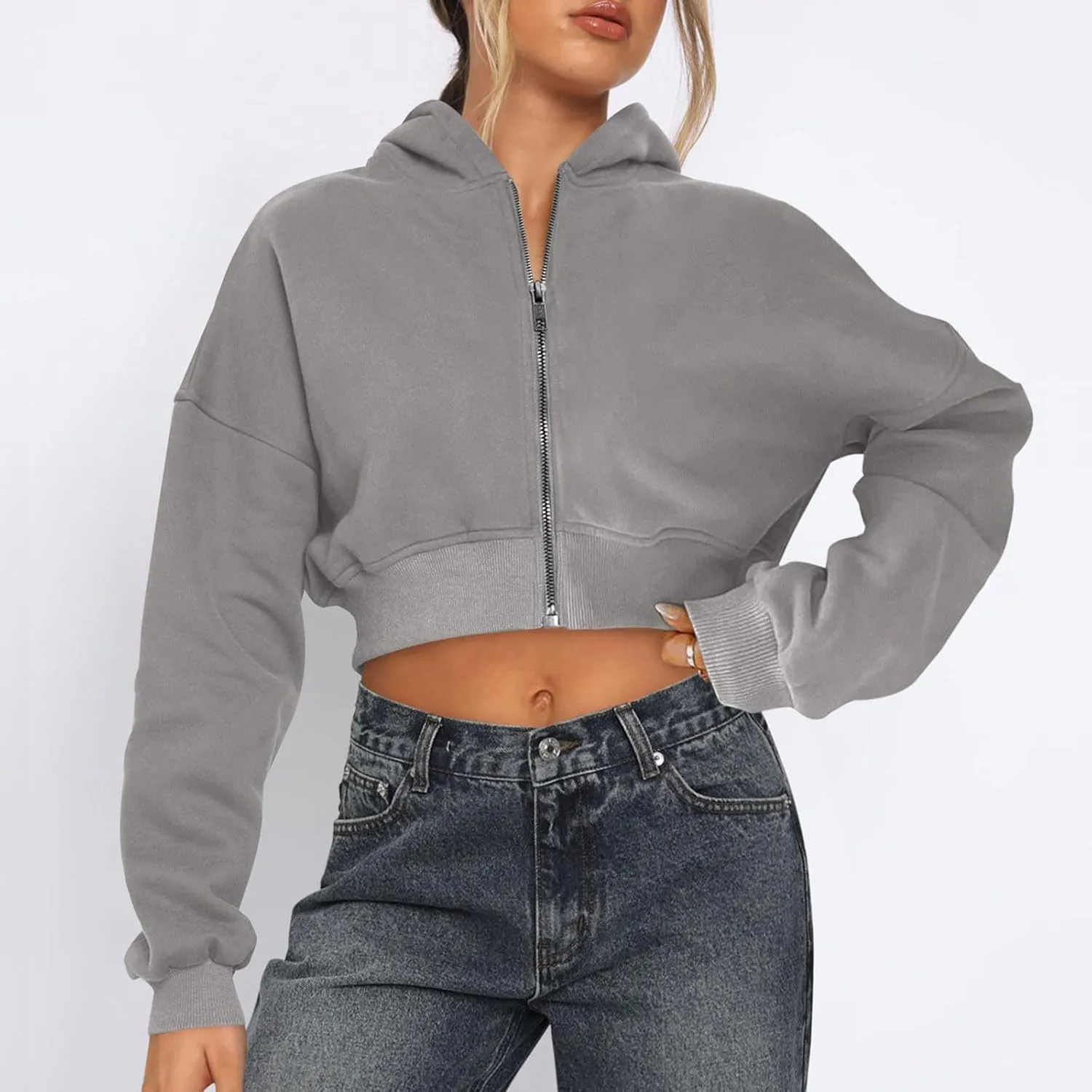 Womens Cropped Hoodies Zip Up Sweatshirts Fashion Teen Girls Y2k Clothes Workout Crop Tops Casual Long Sleeve Jackets
