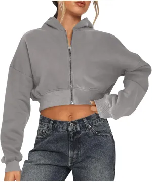 Womens Cropped Hoodies Zip Up Sweatshirts Fashion Teen Girls Y2k Clothes Workout Crop Tops Casual Long Sleeve Jackets