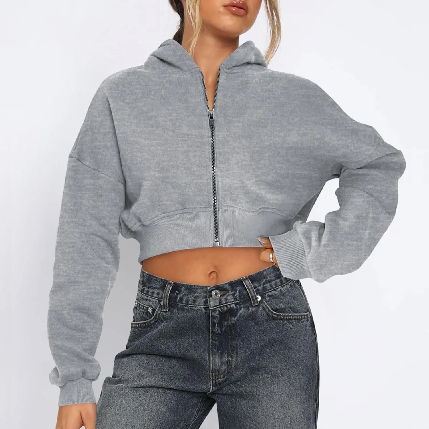 Womens Cropped Hoodies Zip Up Sweatshirts Fashion Teen Girls Y2k Clothes Workout Crop Tops Casual Long Sleeve Jackets