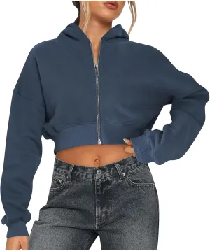 Womens Cropped Hoodies Zip Up Sweatshirts Fashion Teen Girls Y2k Clothes Workout Crop Tops Casual Long Sleeve Jackets