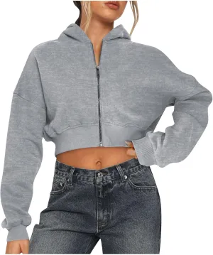 Womens Cropped Hoodies Zip Up Sweatshirts Fashion Teen Girls Y2k Clothes Workout Crop Tops Casual Long Sleeve Jackets