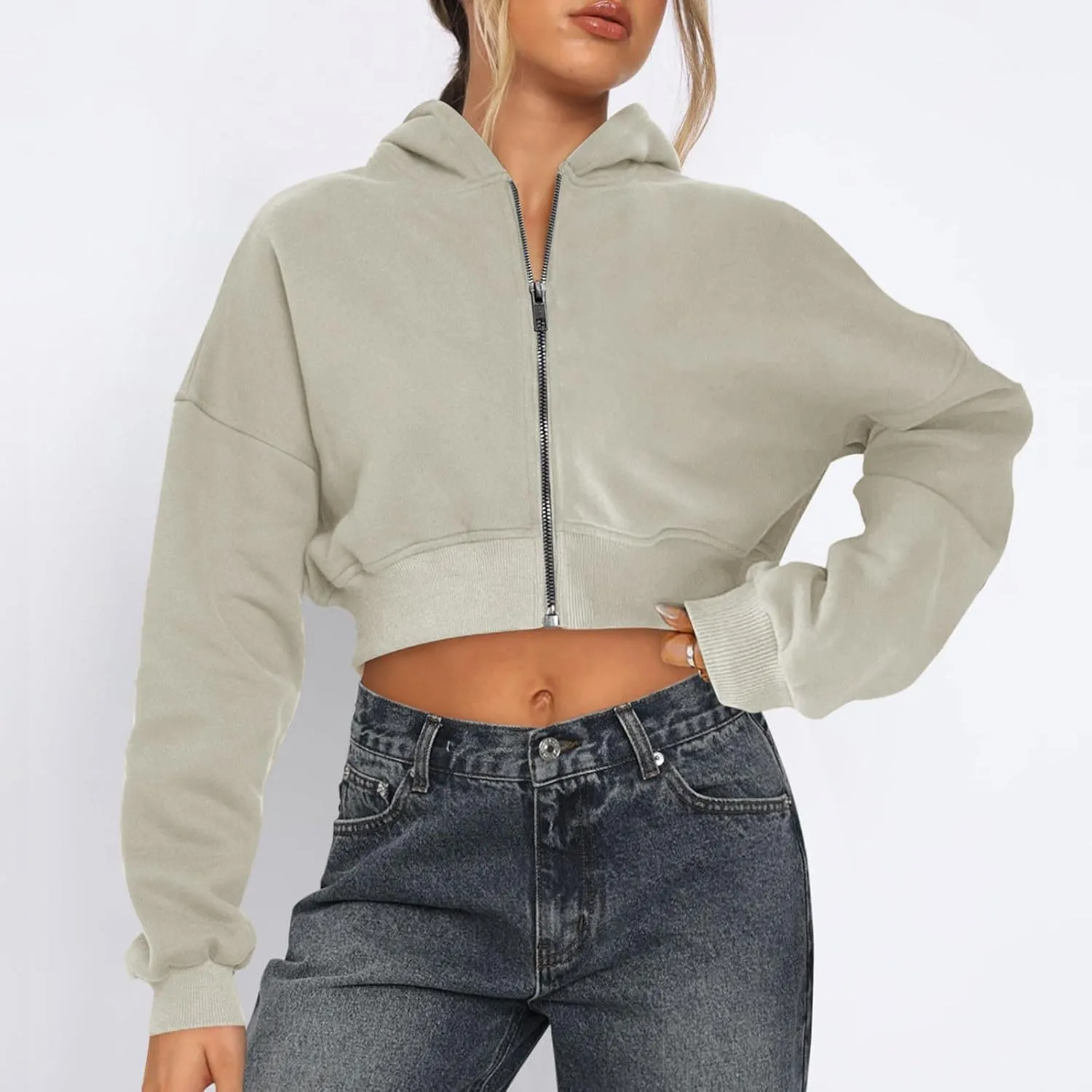 Womens Cropped Hoodies Zip Up Sweatshirts Fashion Teen Girls Y2k Clothes Workout Crop Tops Casual Long Sleeve Jackets
