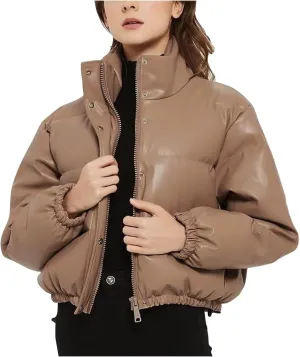 Womens Cropped Leather Puffer Jackets Stand Collar Thickened Down Jackets Warm Winter Coats Quilted Lightweight Jackets