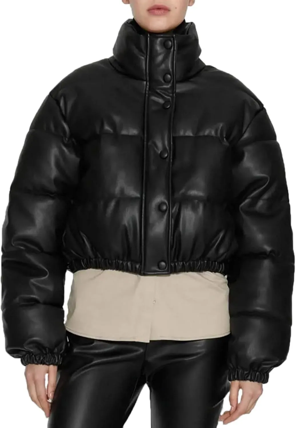 Womens Cropped Leather Puffer Jackets Stand Collar Thickened Down Jackets Warm Winter Coats Quilted Lightweight Jackets