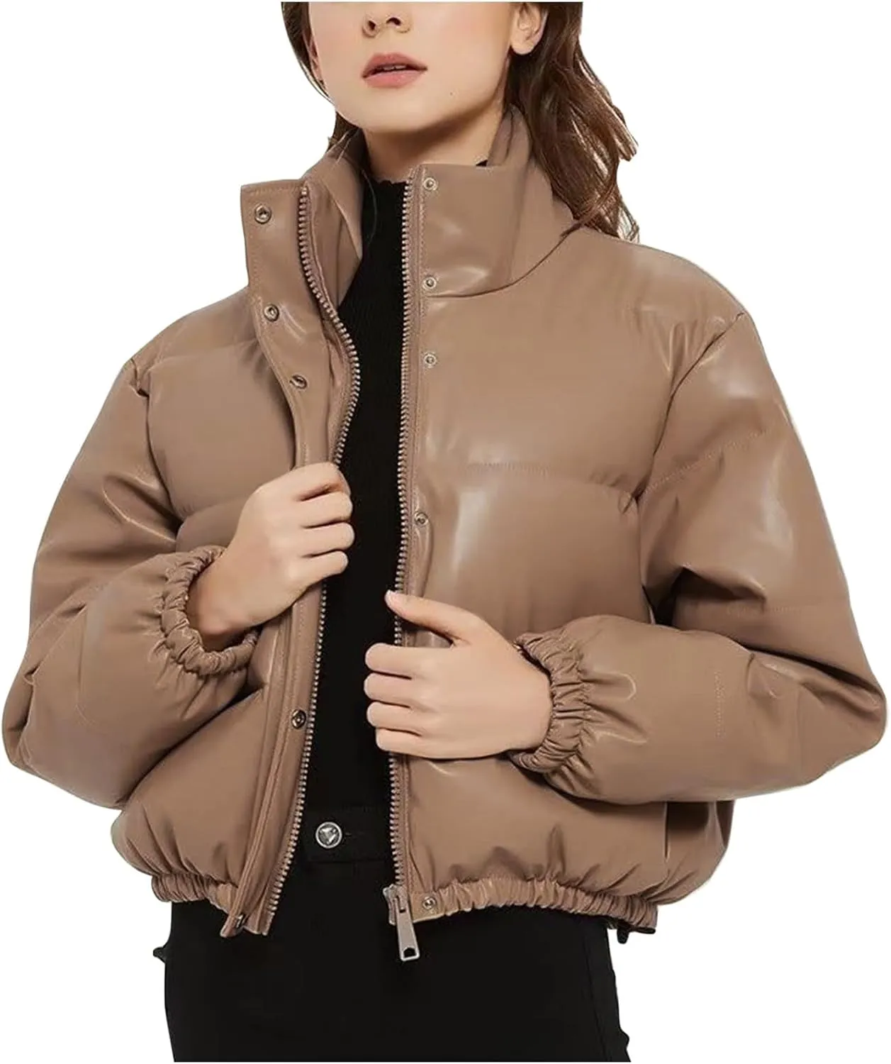 Womens Cropped Leather Puffer Jackets Stand Collar Thickened Down Jackets Warm Winter Coats Quilted Lightweight Jackets