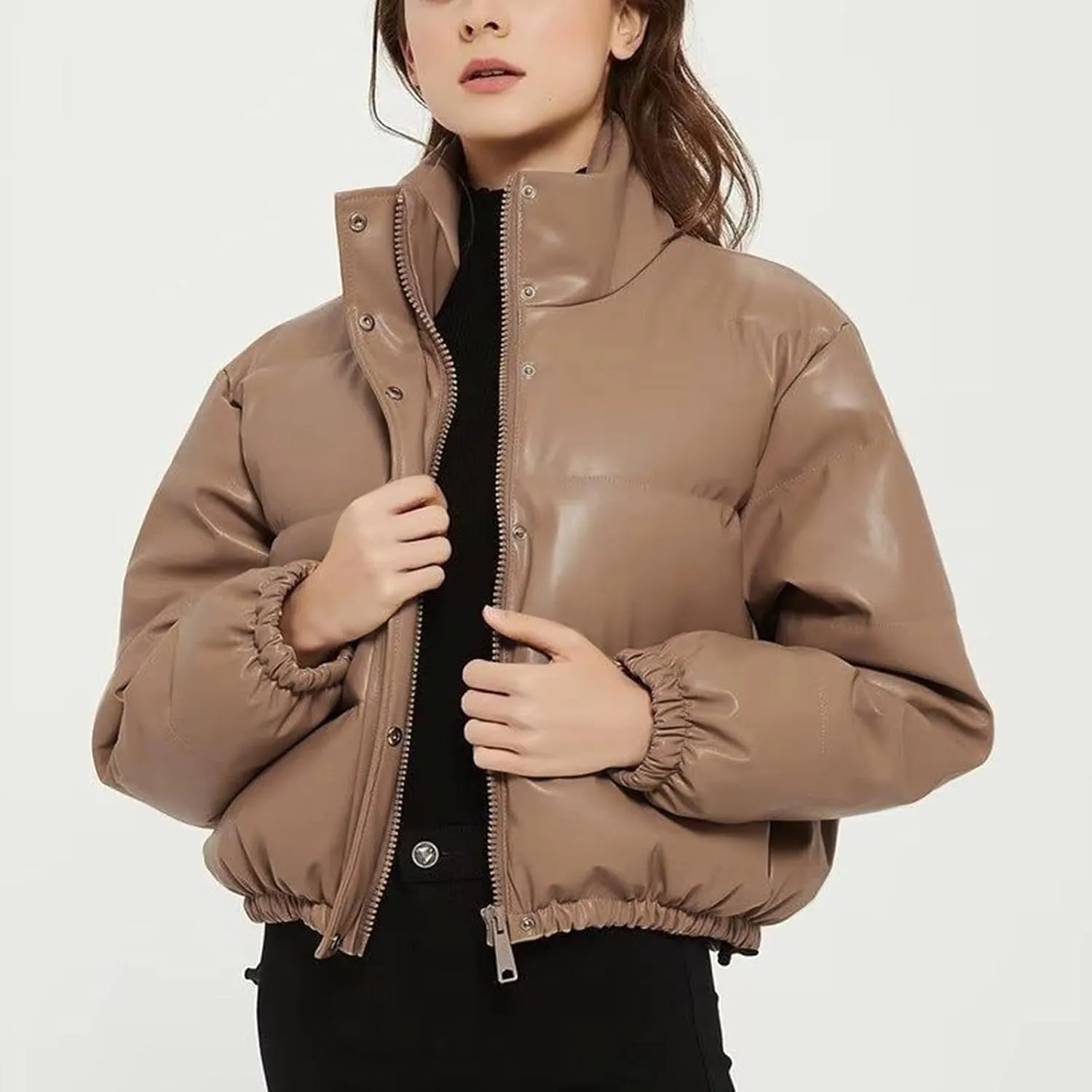 Womens Cropped Leather Puffer Jackets Stand Collar Thickened Down Jackets Warm Winter Coats Quilted Lightweight Jackets