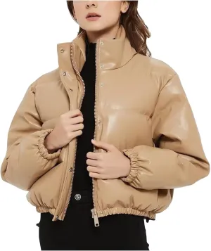 Womens Cropped Leather Puffer Jackets Stand Collar Thickened Down Jackets Warm Winter Coats Quilted Lightweight Jackets