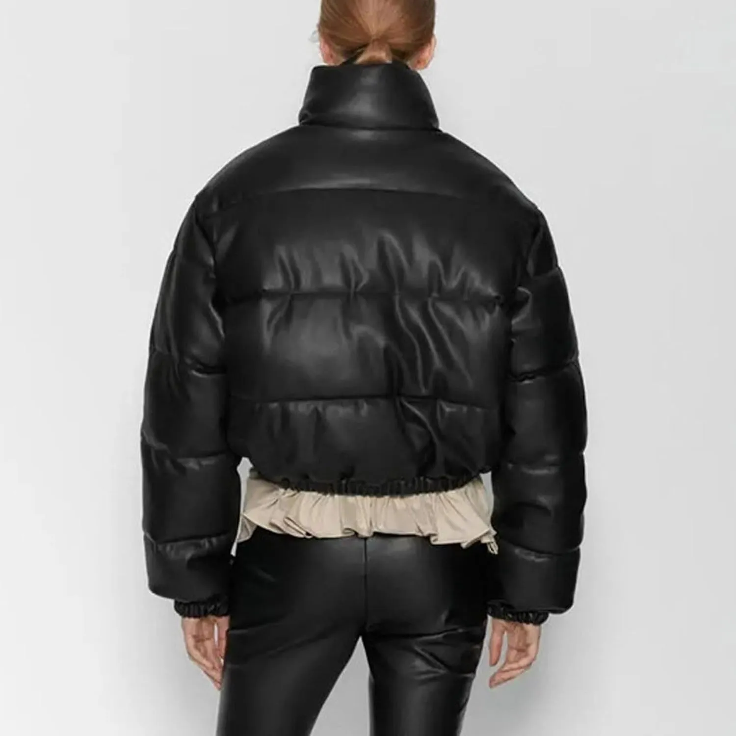 Womens Cropped Leather Puffer Jackets Stand Collar Thickened Down Jackets Warm Winter Coats Quilted Lightweight Jackets
