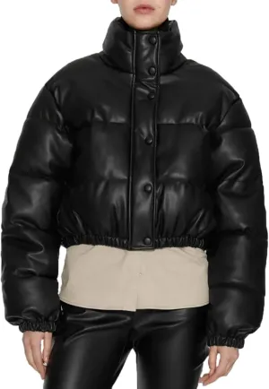 Womens Cropped Leather Puffer Jackets Stand Collar Thickened Down Jackets Warm Winter Coats Quilted Lightweight Jackets