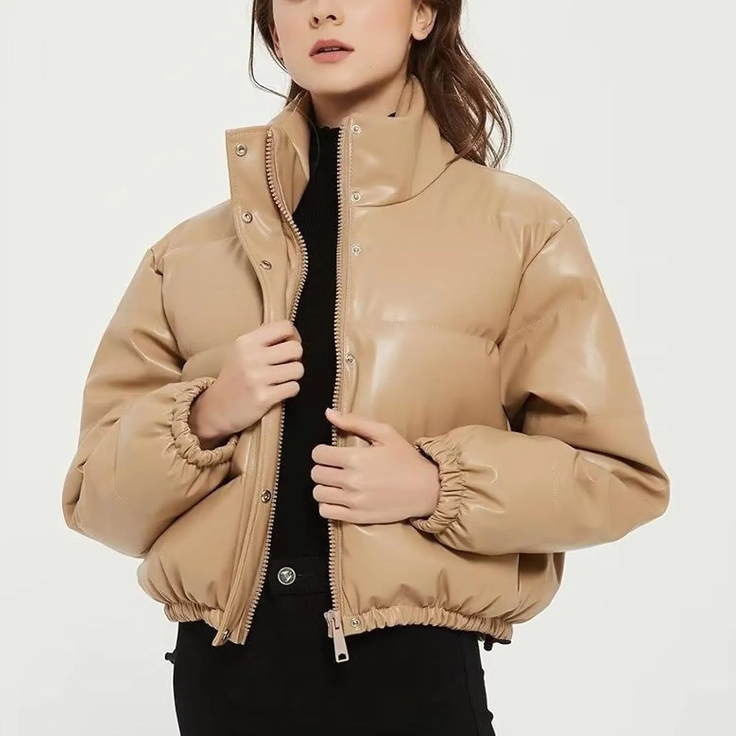 Womens Cropped Leather Puffer Jackets Stand Collar Thickened Down Jackets Warm Winter Coats Quilted Lightweight Jackets